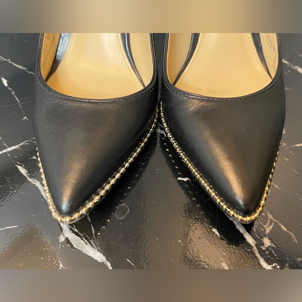 Coach Black Leather Pointed Toe Pumps with Gold Braided Trim - Picture 5 of 14
